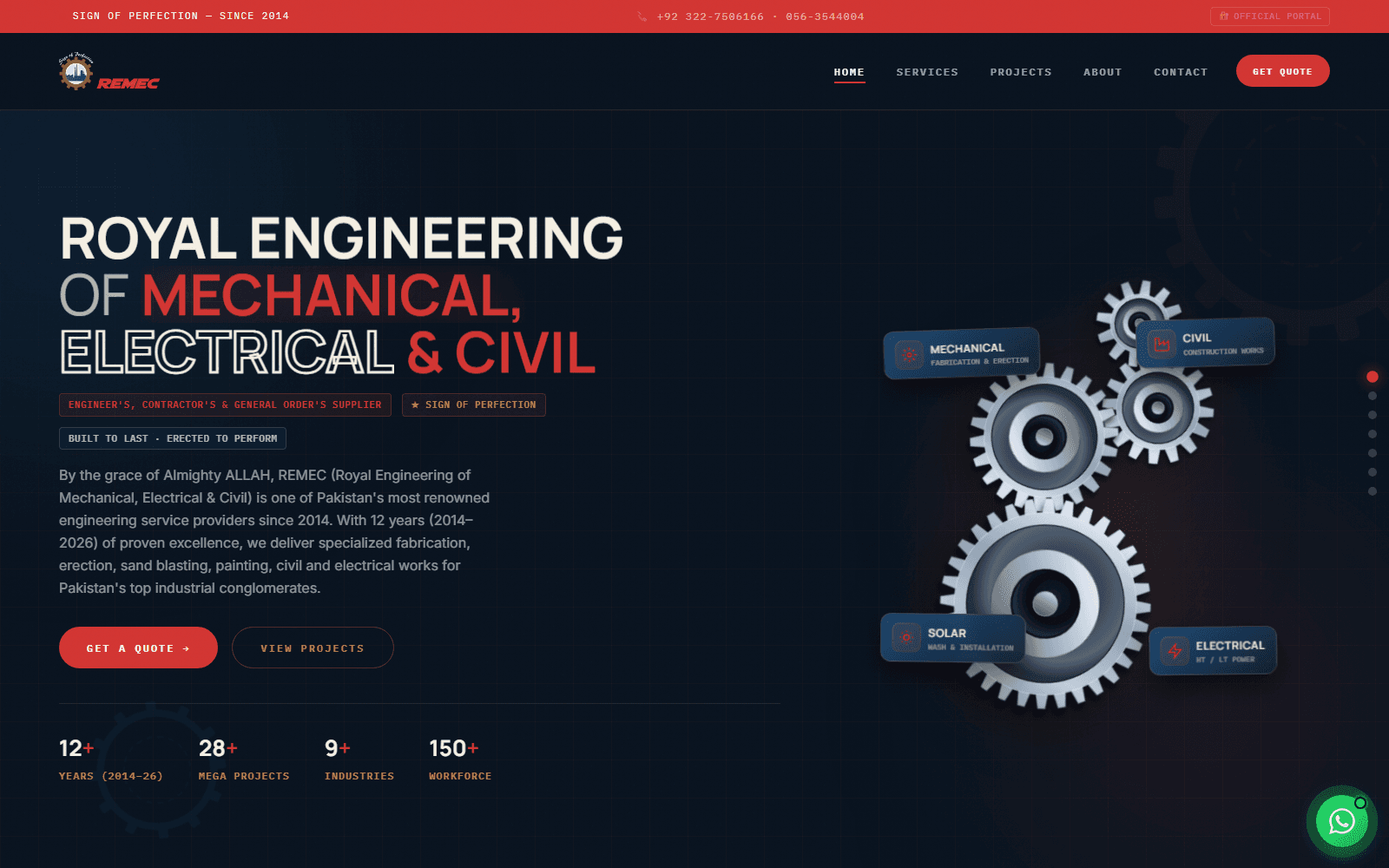 REMEC homepage: Royal Engineering of Mechanical, Electrical & Civil, with Get a Quote and View Projects