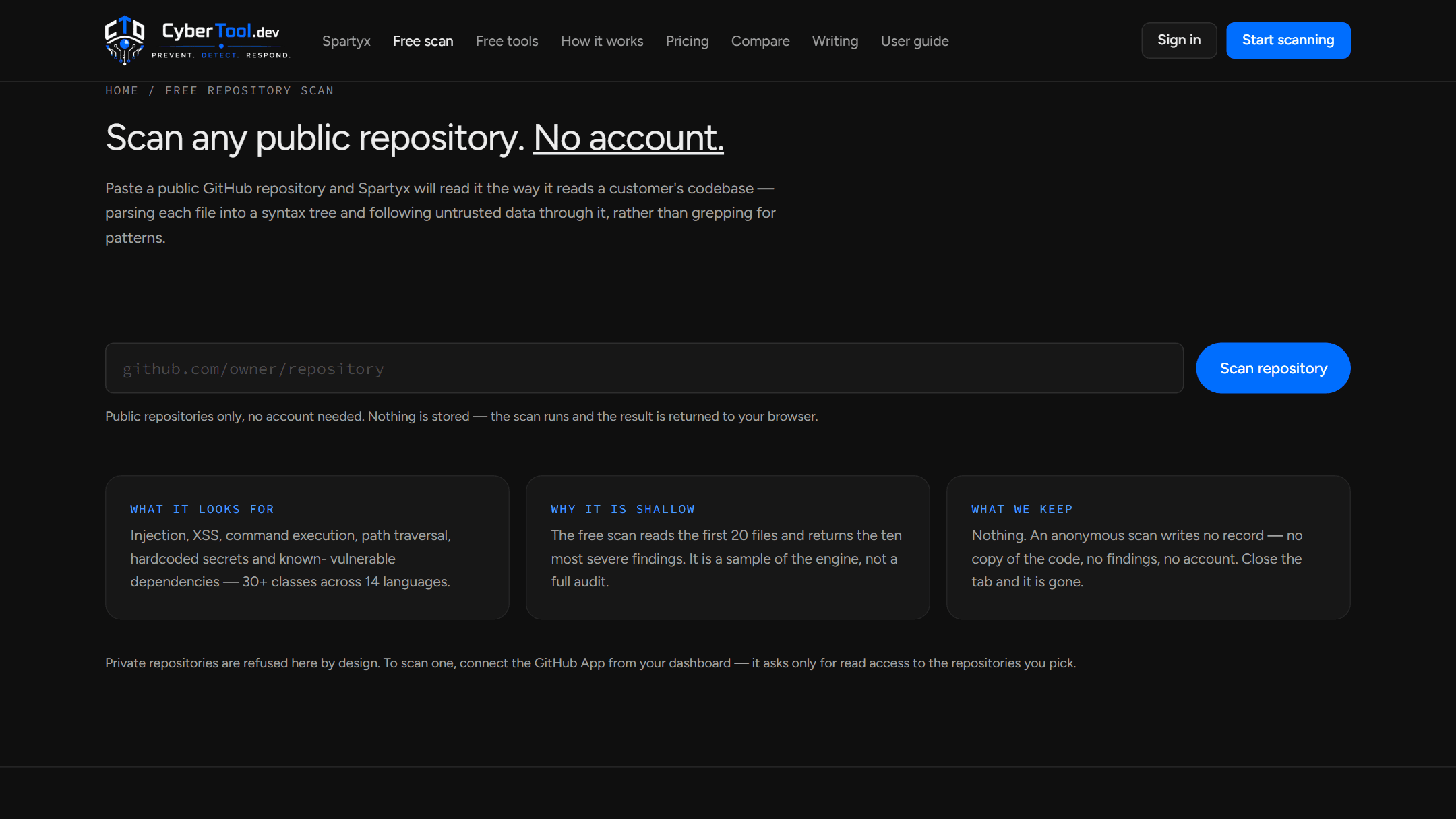 CyberTool.dev free repository scan page with a GitHub URL field and notes on what the scan looks for and keeps