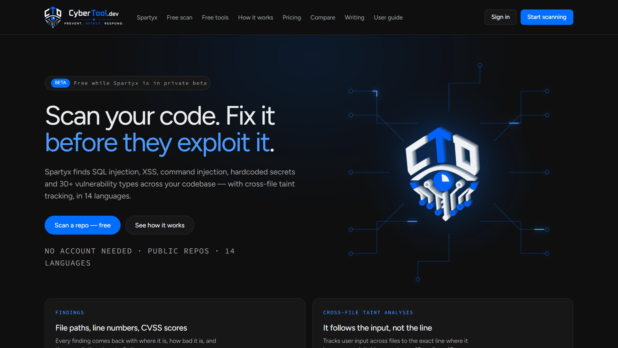 CyberTool.dev home page: private beta badge, headline, and scan a repo call to action