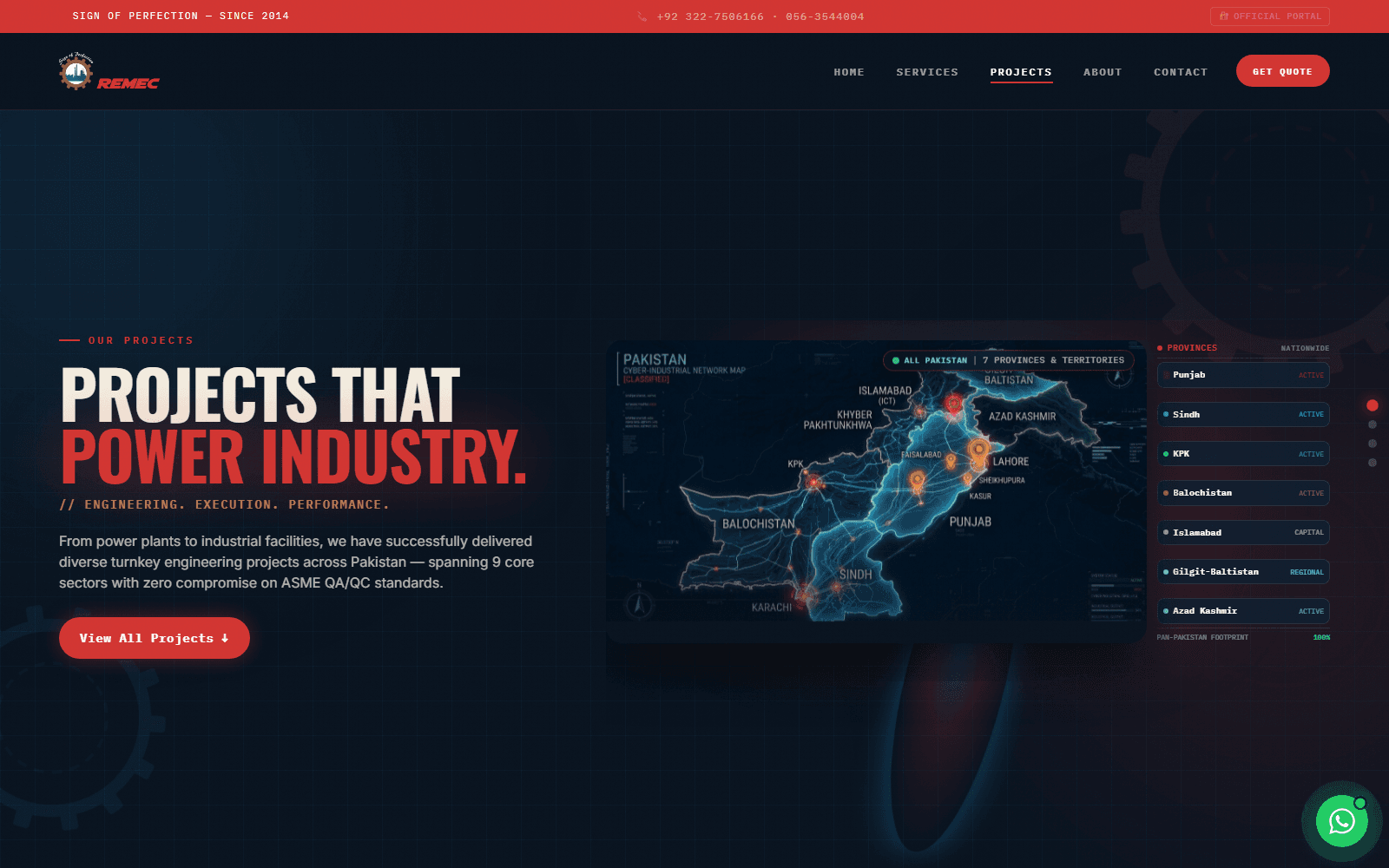REMEC projects page with a Pakistan coverage map and a province list