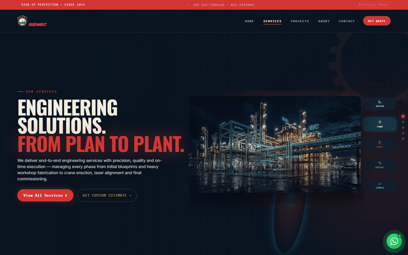 REMEC services page: “Engineering solutions. From plan to plant.” with the design-to-commissioning stages