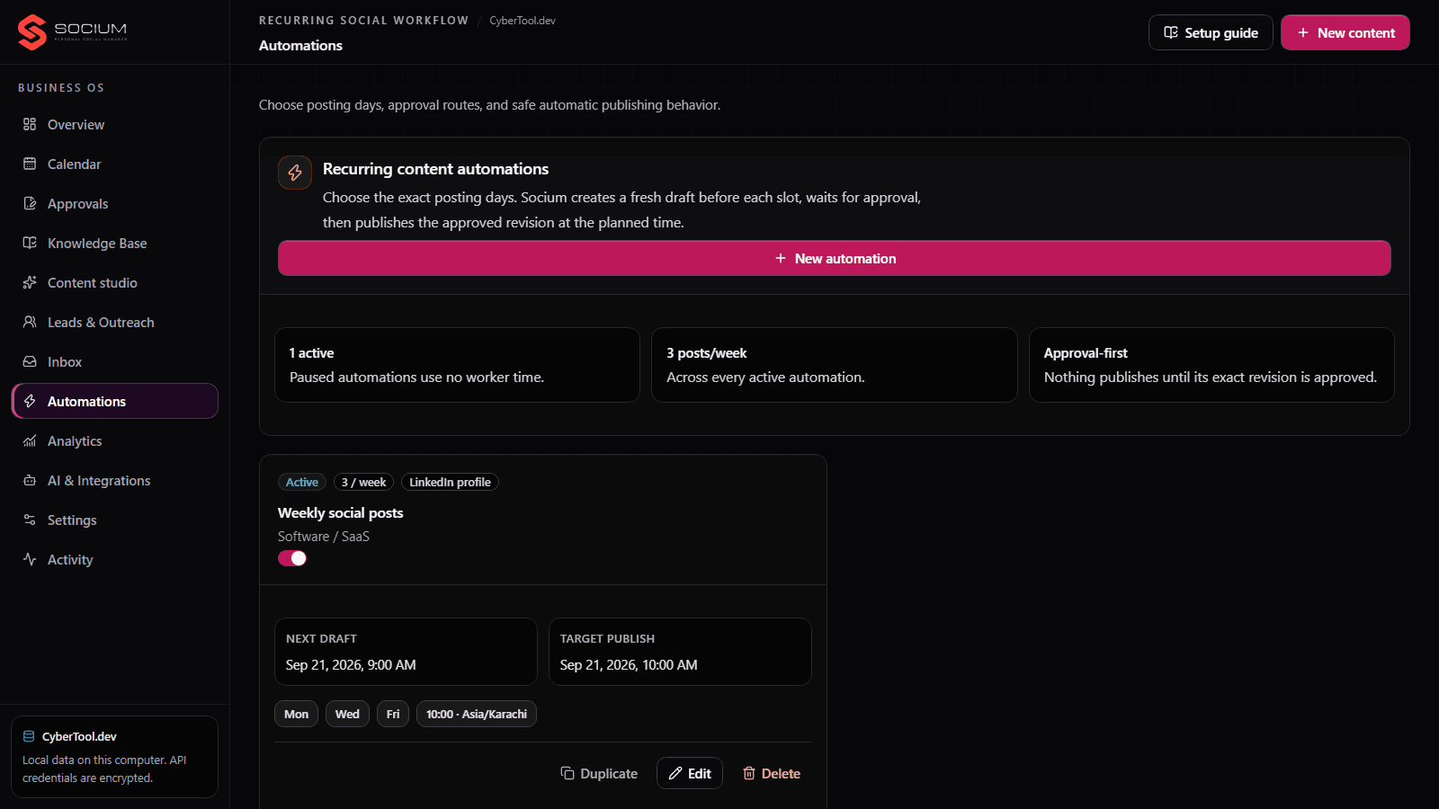 Socium automations: a weekly LinkedIn automation with its next draft and target publish time