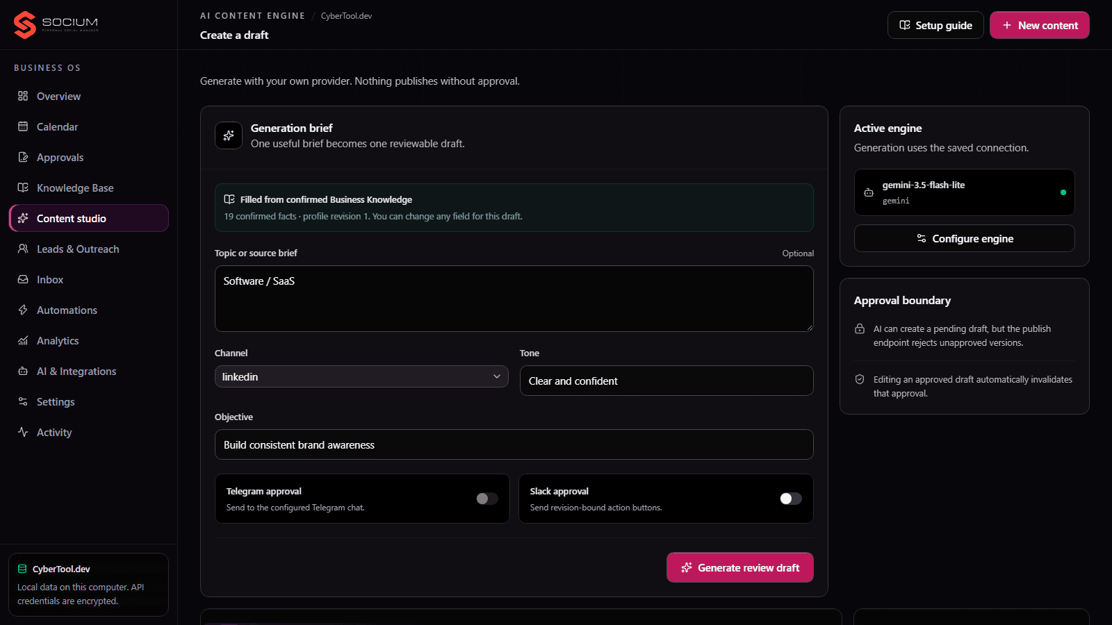Socium Content studio: a generation brief filled from confirmed knowledge, the active AI engine and the approval boundary